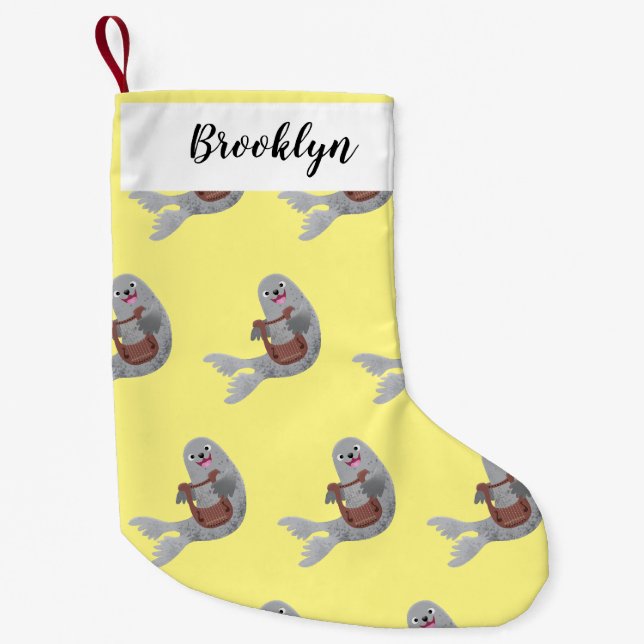Happy cute harp seal cartoon illustration small christmas stocking (Front)