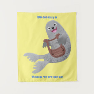 Happy cute harp seal cartoon illustration tapestry