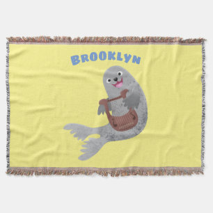 Happy cute harp seal cartoon illustration throw blanket