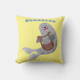 Happy cute harp seal cartoon illustration throw pillow