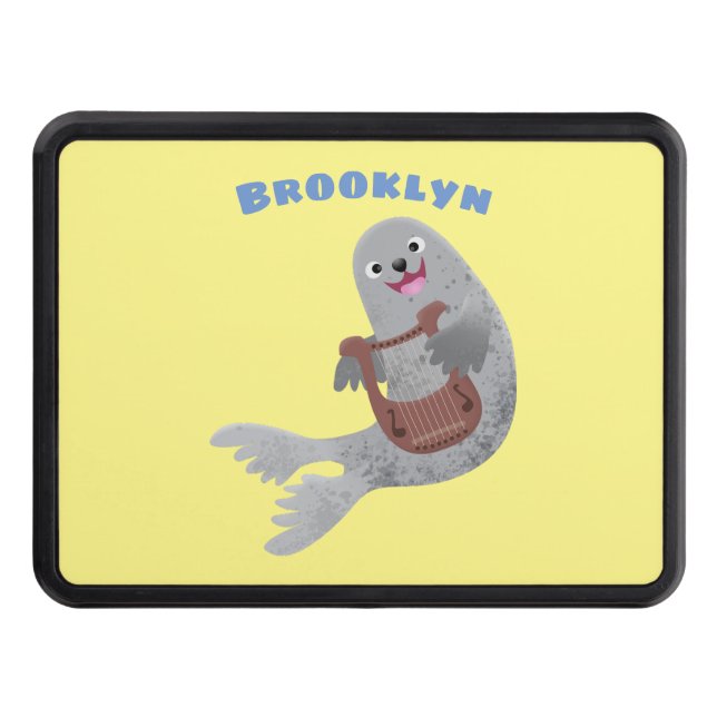 Happy cute harp seal cartoon illustration trailer hitch cover (Front)