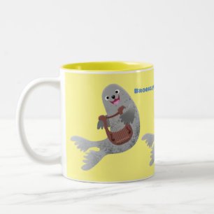 Happy cute harp seal cartoon illustration Two-Tone coffee mug