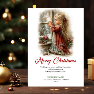 Happy Cute Little Girl Christmas Scene Greeting Holiday Card