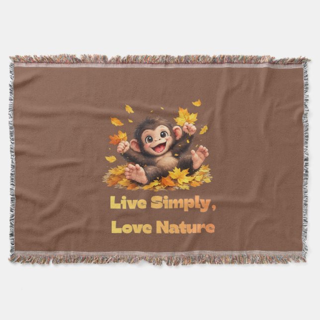 Happy Cute Monkey Playing in Falling Autumn Leaves Throw Blanket (Front)