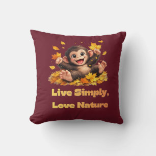 Happy Cute Monkey Playing in Falling Autumn Leaves Throw Pillow