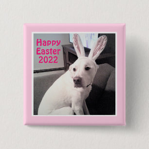 Happy Cute Puppy Dog With Easter Bunny Ears Pink 2 Inch Square Button