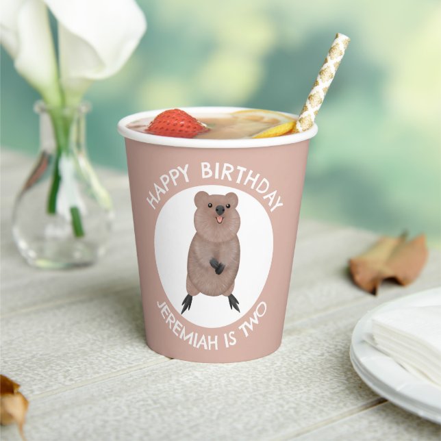 Happy cute quokka personalized cartoon birthday paper cups (Insitu)