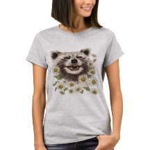 Happy cute raccoon in daisies