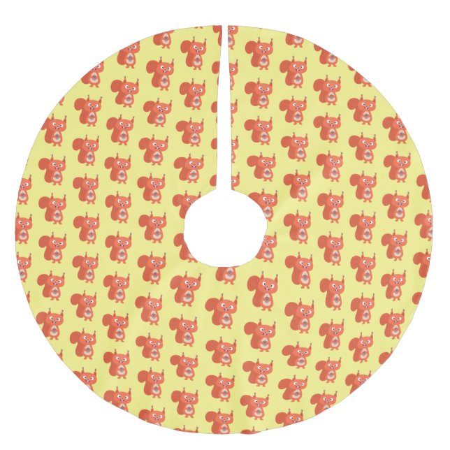 Happy cute red squirrel cartoon illustration brushed polyester tree skirt (Front)