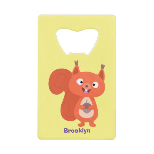 Happy cute red squirrel cartoon illustration credit card bottle opener