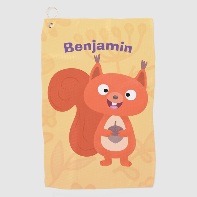 Happy cute red squirrel cartoon illustration golf towel (Front)