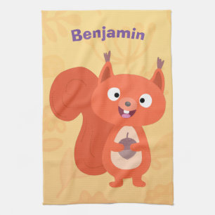 Happy cute red squirrel cartoon illustration kitchen towel