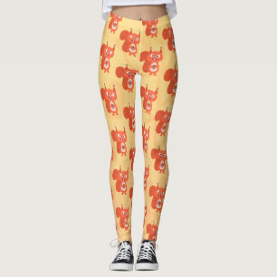 Happy cute red squirrel cartoon illustration leggings