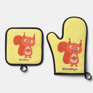 Happy cute red squirrel cartoon illustration oven mitt & pot holder set