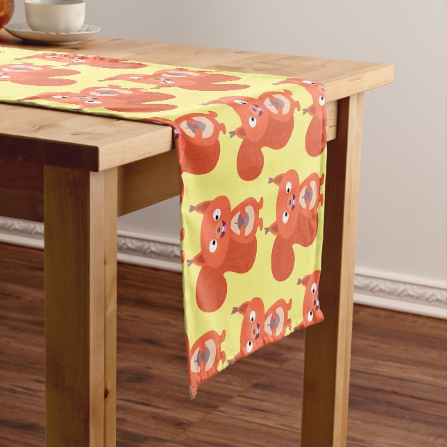 Happy cute red squirrel cartoon illustration short table runner (In Situ)