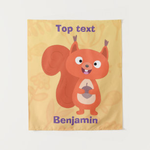 Happy cute red squirrel cartoon illustration  tapestry