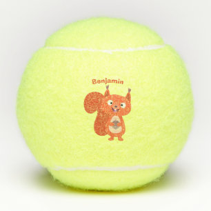 Happy cute red squirrel cartoon illustration tennis balls