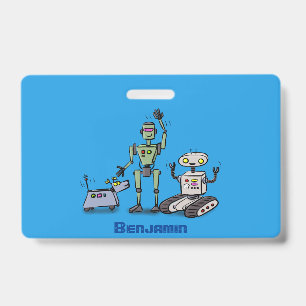 Happy cute robots trio cartoon badge