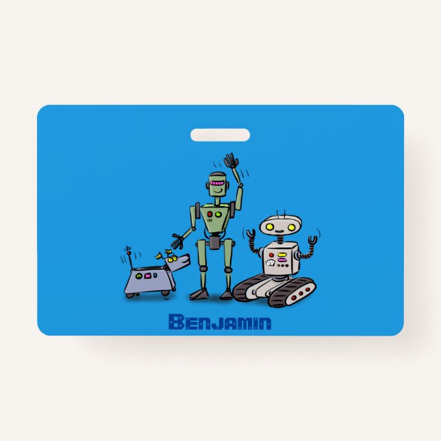 Happy cute robots trio cartoon badge (Front)