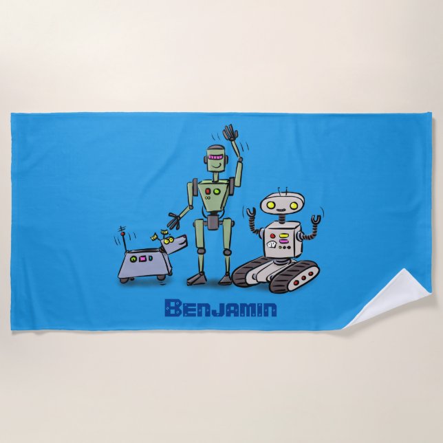 Happy cute robots trio cartoon beach towel (Front)