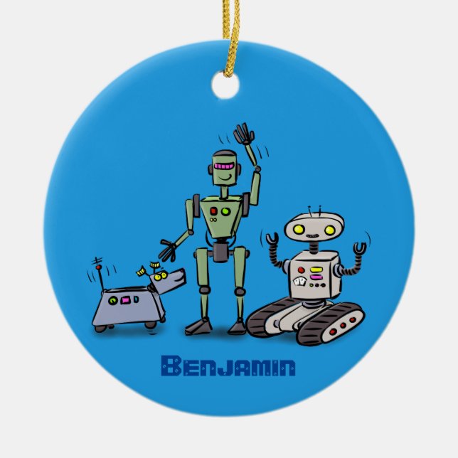 Happy cute robots trio cartoon ceramic ornament (Front)