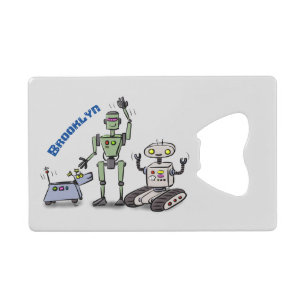 Happy cute robots trio cartoon credit card bottle opener