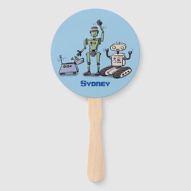 Happy cute robots trio cartoon hand fan (Front)