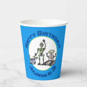 Happy cute robots trio cartoon paper cups