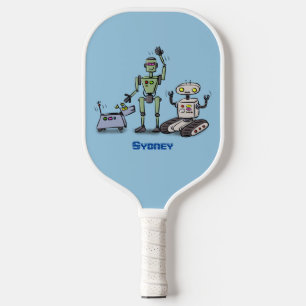 Happy cute robots trio cartoon pickleball paddle