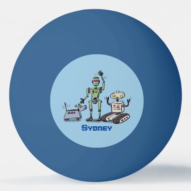 Happy cute robots trio cartoon ping pong ball (Front)