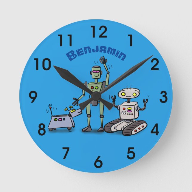 Happy cute robots trio cartoon round clock (Front)