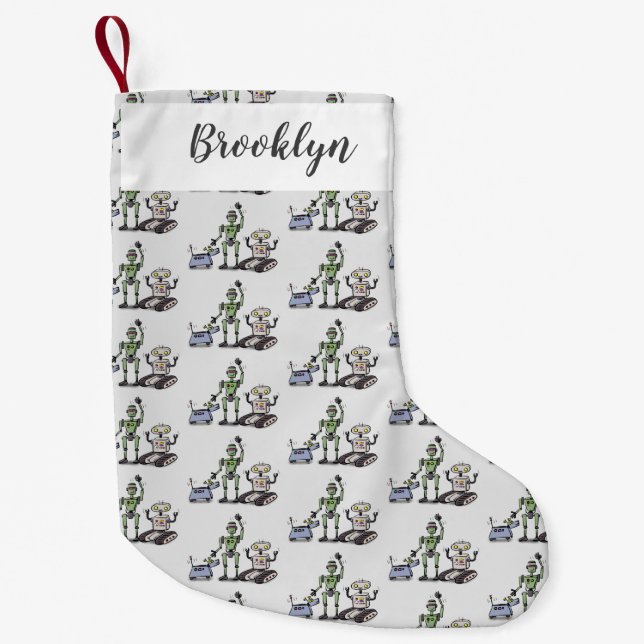 Happy cute robots trio cartoon small christmas stocking (Front)
