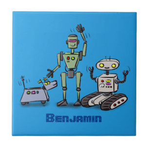 Happy cute robots trio cartoon tile