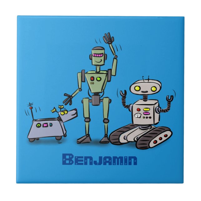Happy cute robots trio cartoon tile (Front)