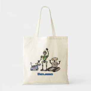 Happy cute robots trio cartoon tote bag