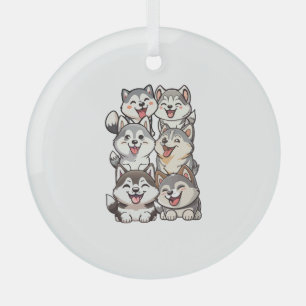 Happy cute Siberian huskies Glass Ornament