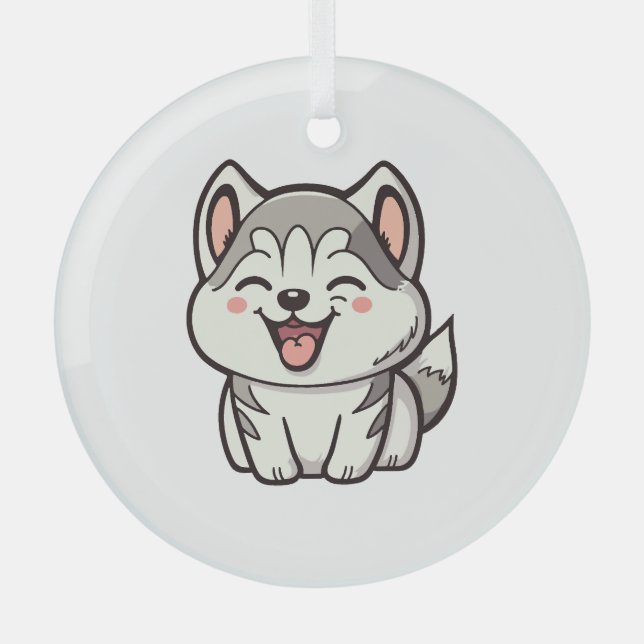 Happy cute Siberian husky dog Glass Ornament (Front)