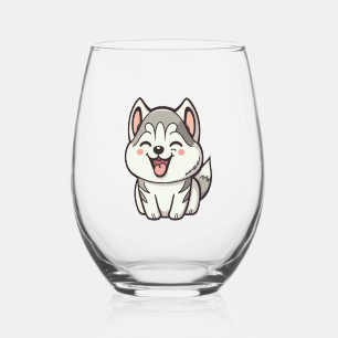 Happy cute Siberian husky dog Stemless Wine Glass