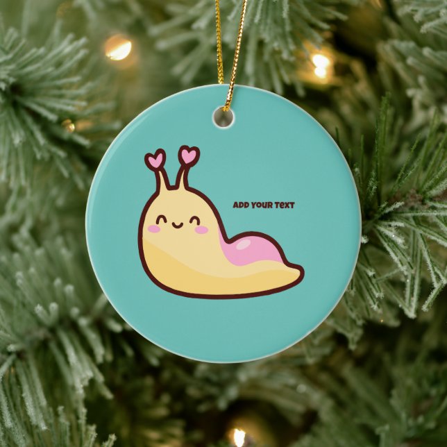 Happy Cute Slug Personalized Text Ceramic Ornament (Tree)