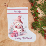 Happy Cute Snowman with Present Bleu Background Small Christmas Stocking<br><div class="desc">Spread Holiday Cheer with a Personalized Snowman Stocking! Brighten your Christmas decor with this adorable stocking featuring a cheerful snowman dressed in a cozy pink hat and scarf against a snowy light blue background. With the name of your loved one on top and “Merry Christmas” below, it’s the perfect festive...</div>