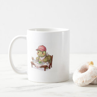 Happy cute tortoise having a meal coffee mug