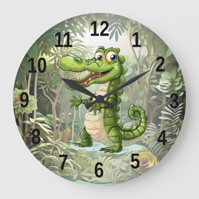 Happy Cute Wild Crocodile Jungle Trees Beautiful Large Clock (Front)