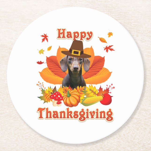 Happy Dachshund Dog Owner Turkey Thanksgiving Round Paper Coaster (Front)