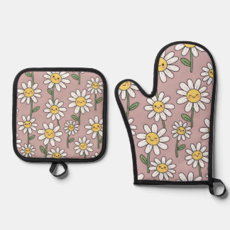 Happy Daisies Pattern - Cute Floral Design Oven Mitt & Pot Holder Set