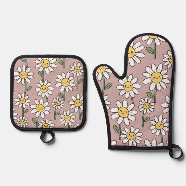 Happy Daisies Pattern - Cute Floral Design Oven Mitt & Pot Holder Set (Front)