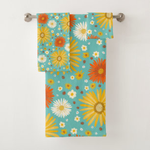 Happy Daisy Colorful Pattern Daisies Blue Bath Towel Set