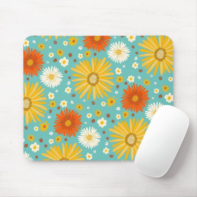 happy Daisy Flower Pattern Blue Mouse Pad (With Mouse)