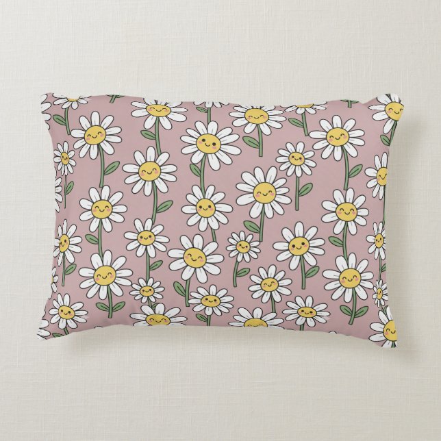 Happy Daisy Smiles Pink Floral Pattern Accent Pillow (Back)