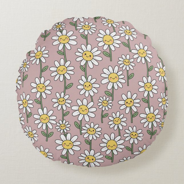 Happy Daisy Smiles Pink Floral Pattern Round Pillow (Front)