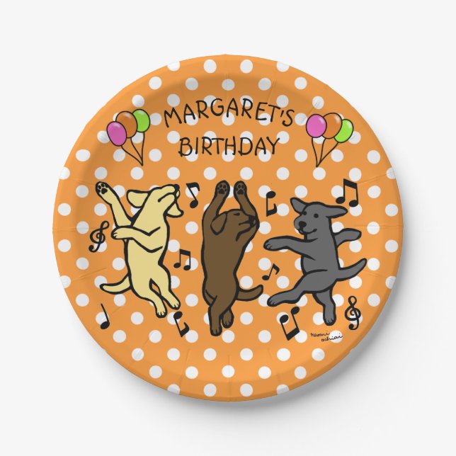 Happy Dancing Labrador Trio Birthday Party Paper Plate (Front)